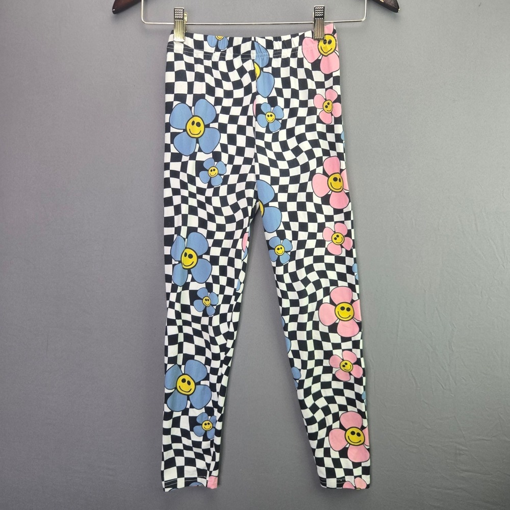 SHEIN X Girls Leggings Size 8Y Checkered Smiley Face Flower Pink Blue Stretchy